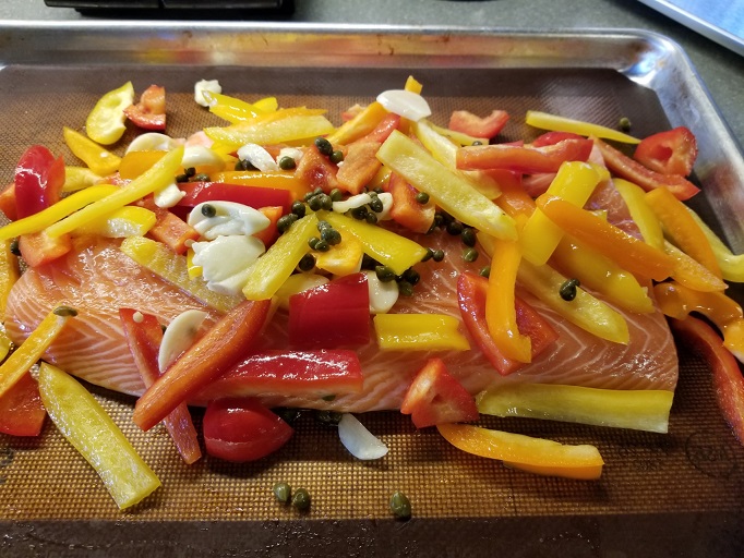 salmon, peppers, and capers before roasting