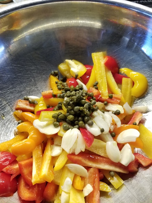 peppers, garlic, and capers for the roasted salmon