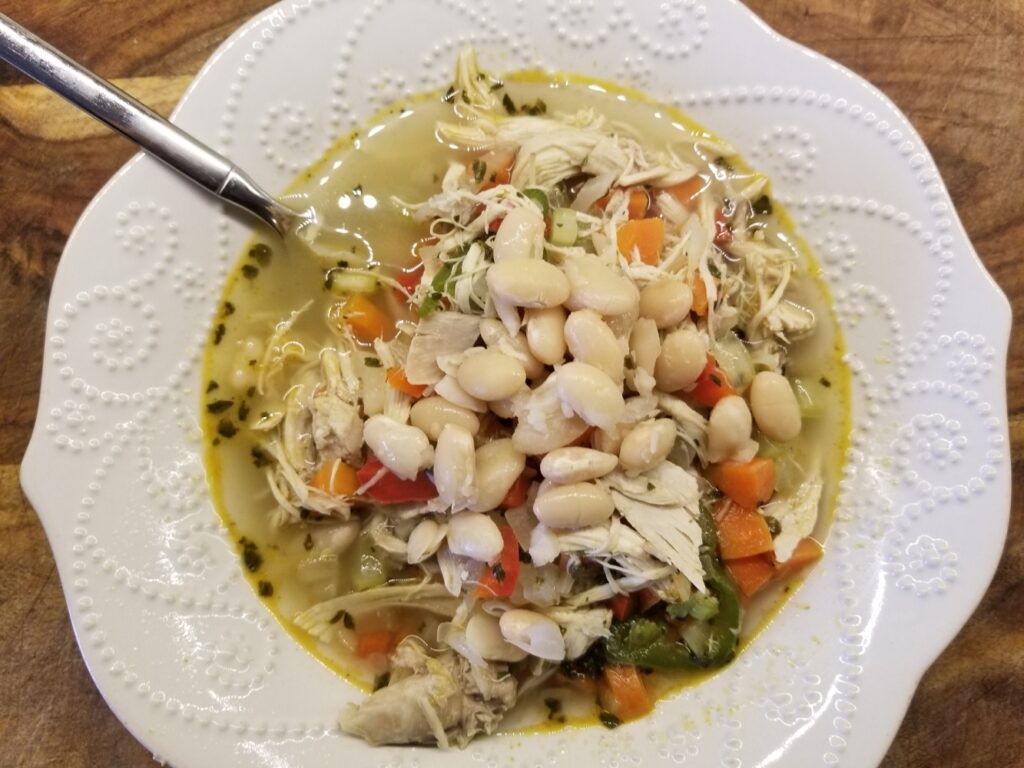 bowl of Chicken Chili with Pesto and Jalapeno