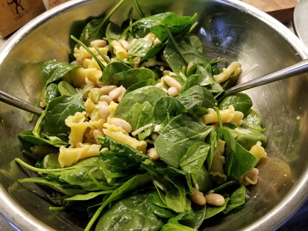 close-up of Campanelle, Spinach, Asiago and Cannellini Beans