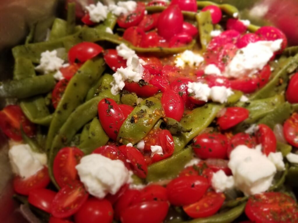 Braised Romano Beans with Tomatoes and Feta