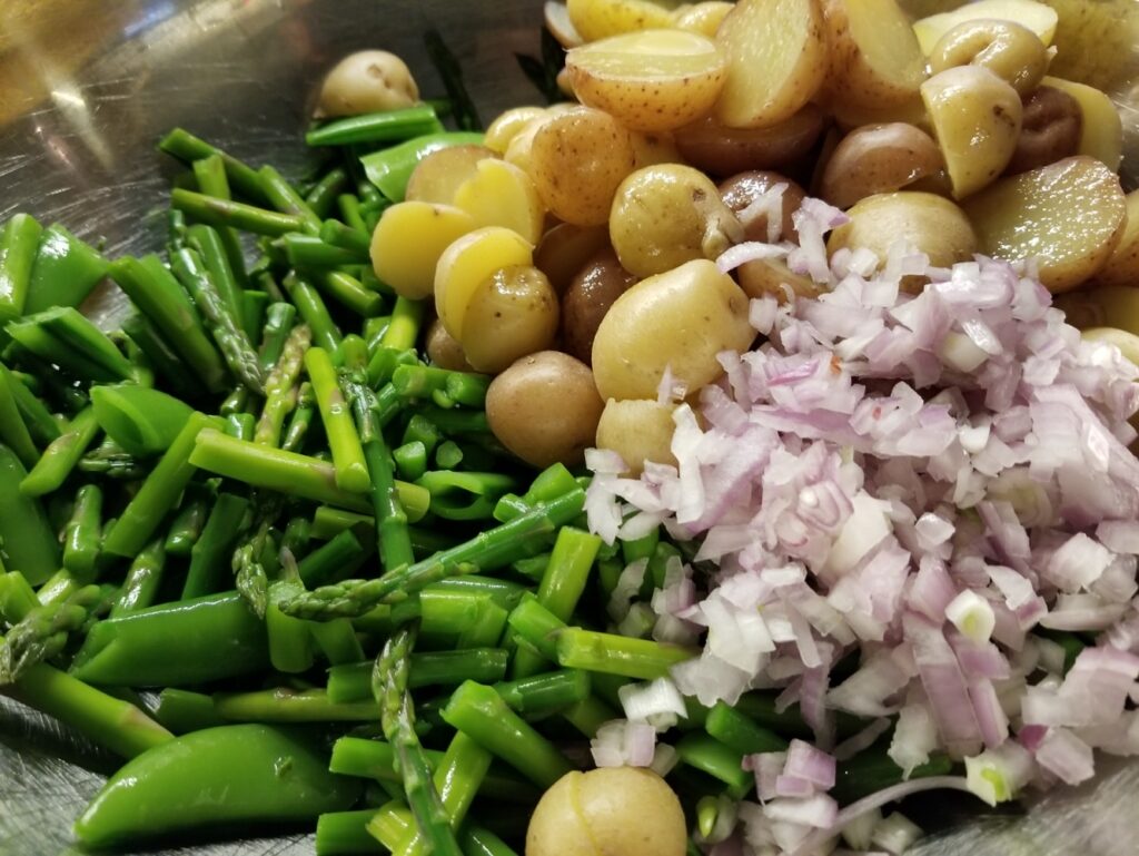 Bab Potato Salad with Asparagus and Sugar Snap Peas, before tossing 