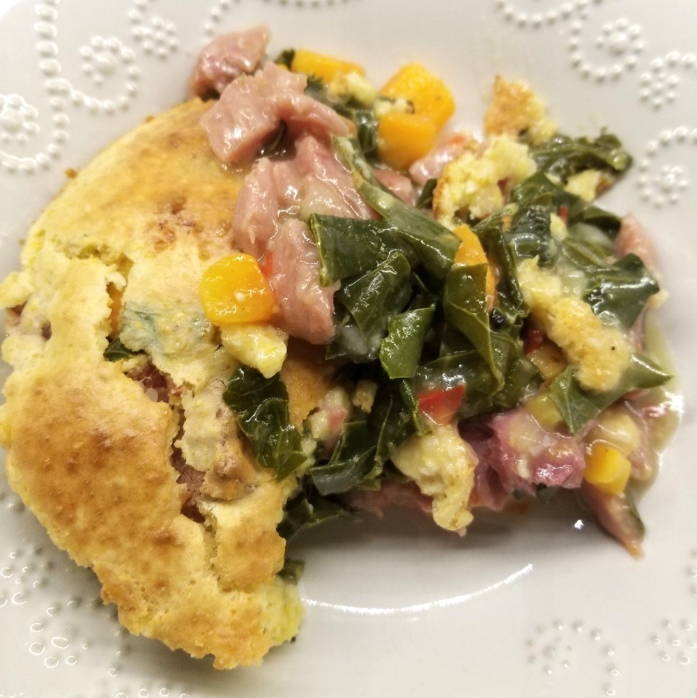 Cornbread Pot Pie with Ham and Collards