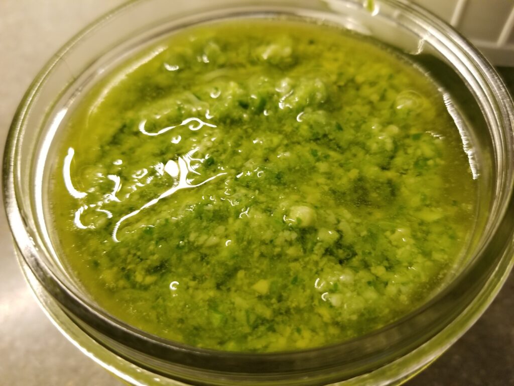 vivid green garlic scape pesto