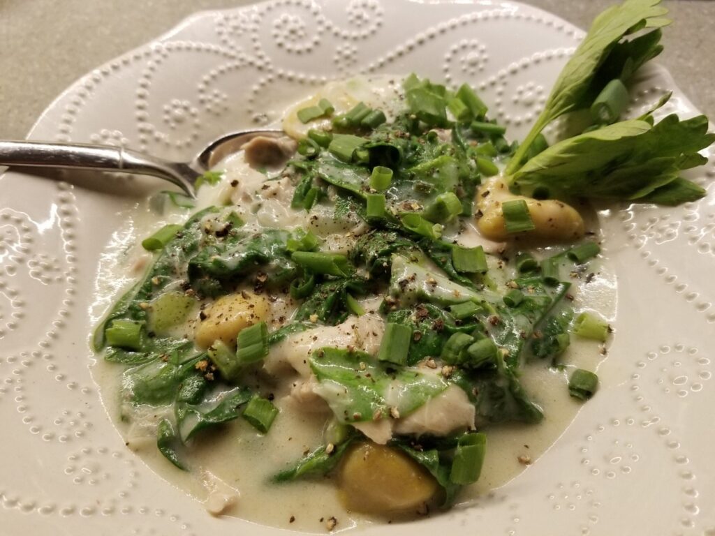 Creamy spinach and carrot gnocchi soup with shredded chicken