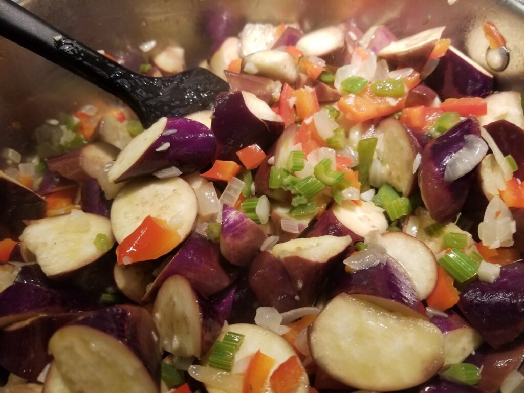 eggplant caponata is beginning to meld