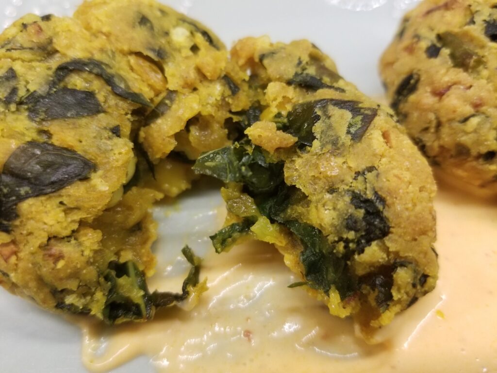 Crunchy Pakoras with collards and corn and a sriracha aioli