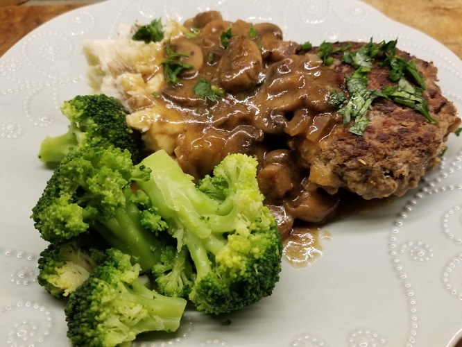 Salisbury Steak with mashed potatoes and broccoli