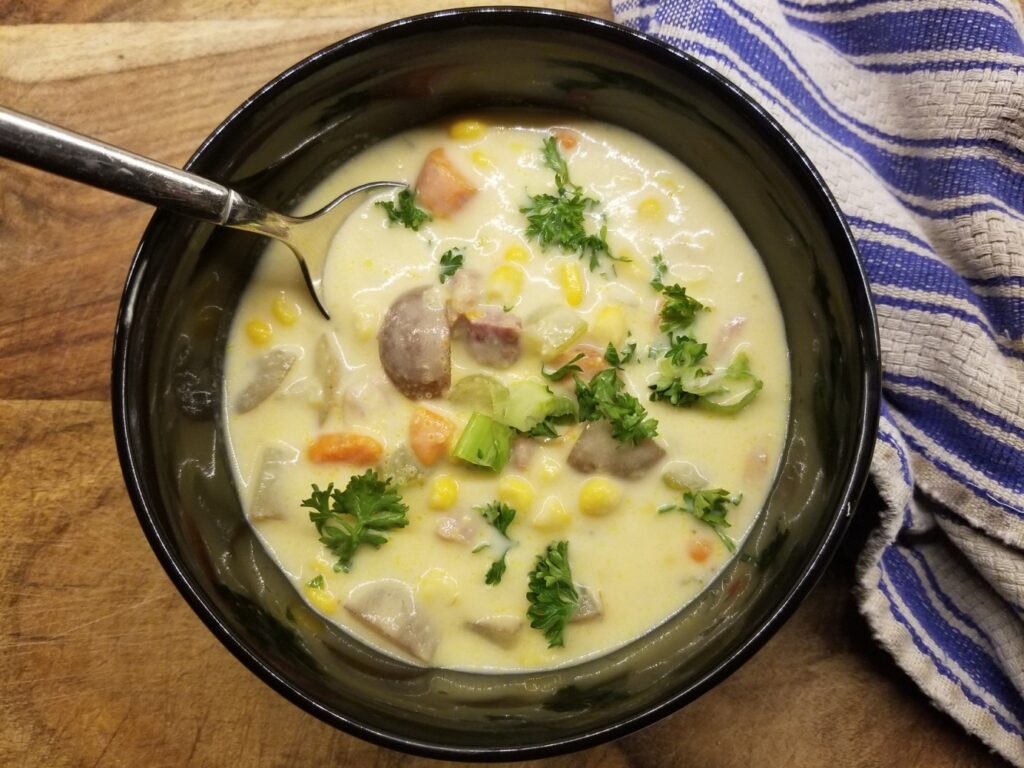 Summer Corn and Ham Chowder in a bowl