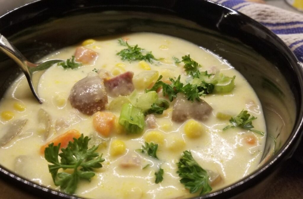 Summer Corn and Ham Chowder close-up