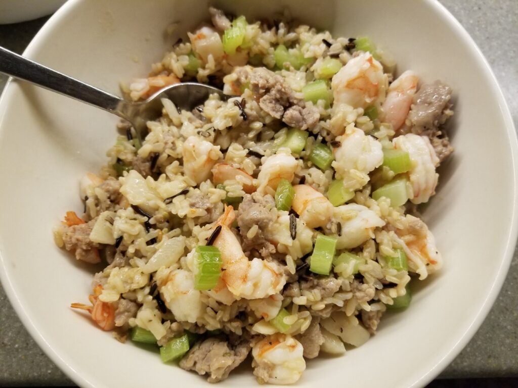 Serving bowl of Shrimp, Sausage, and Wild Rice Salad