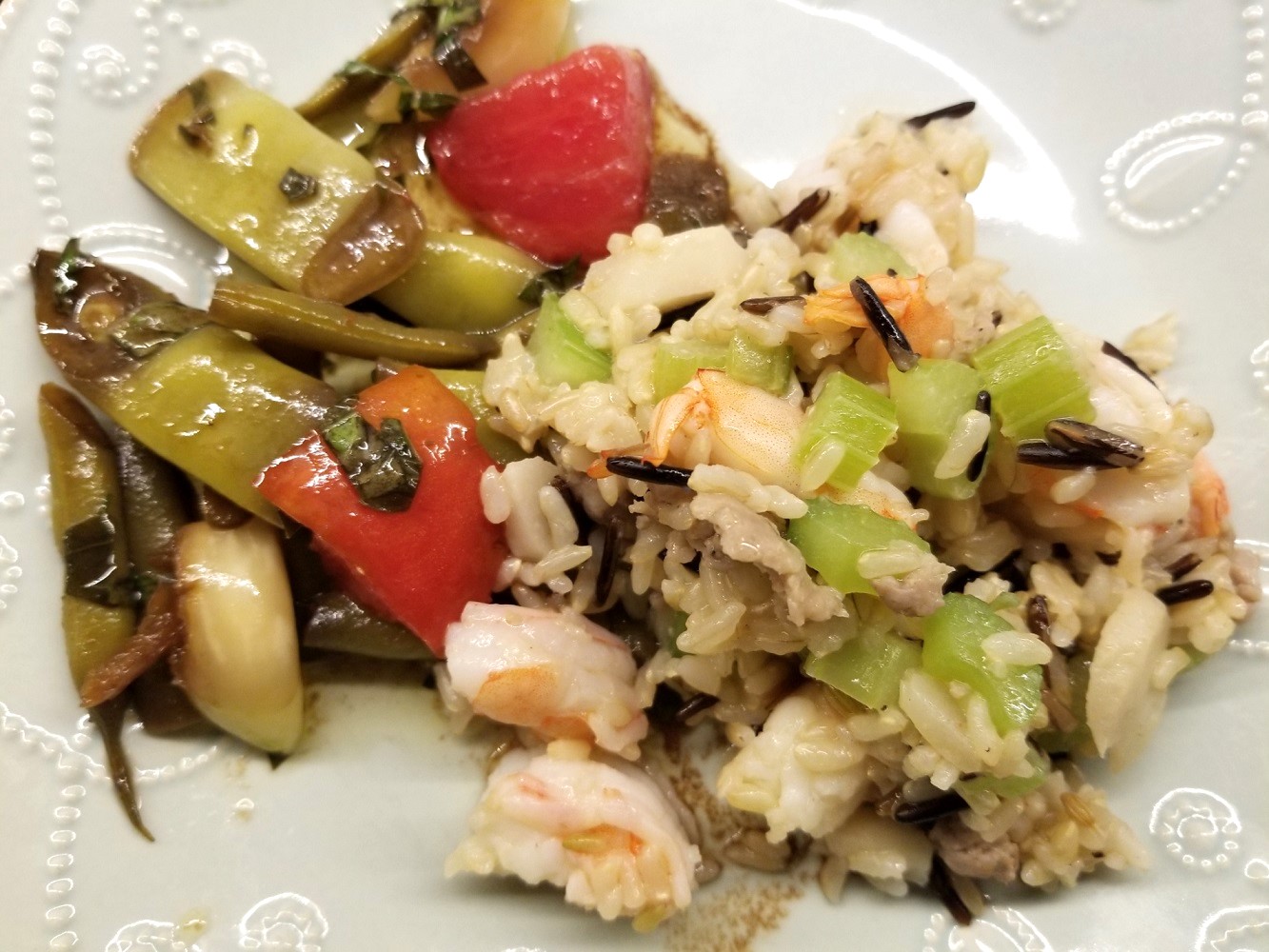 Shrimp, Sausage, and Wild Rice Salad with a side of Garlicky Marinated Green Beans