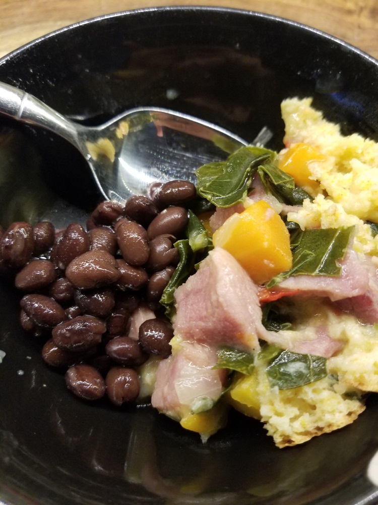 Cornbread Pot Pie with Ham and Collards and a side of black beans.