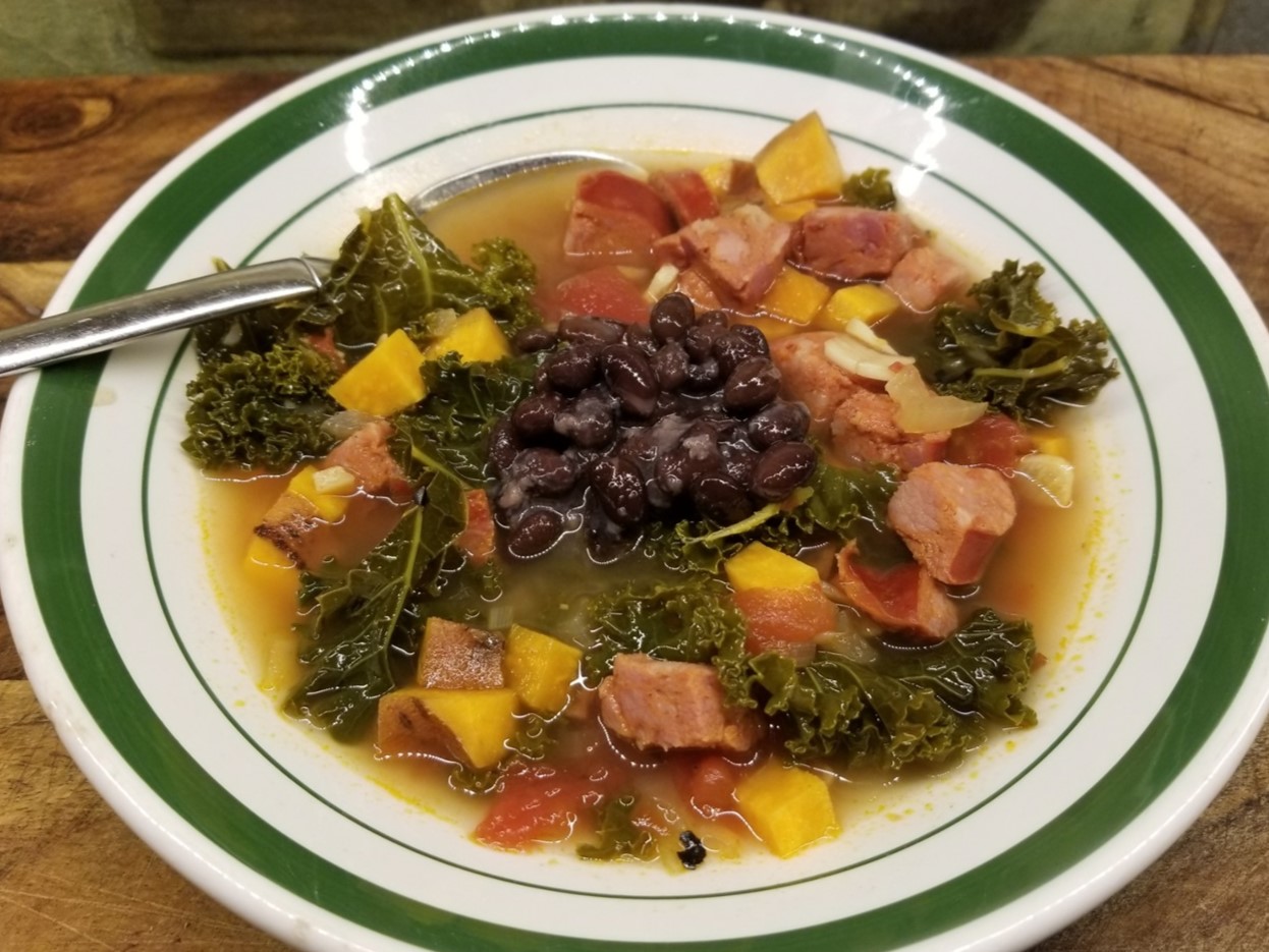 Chorizo, Sweet Potato, and Kale Stew with black beans