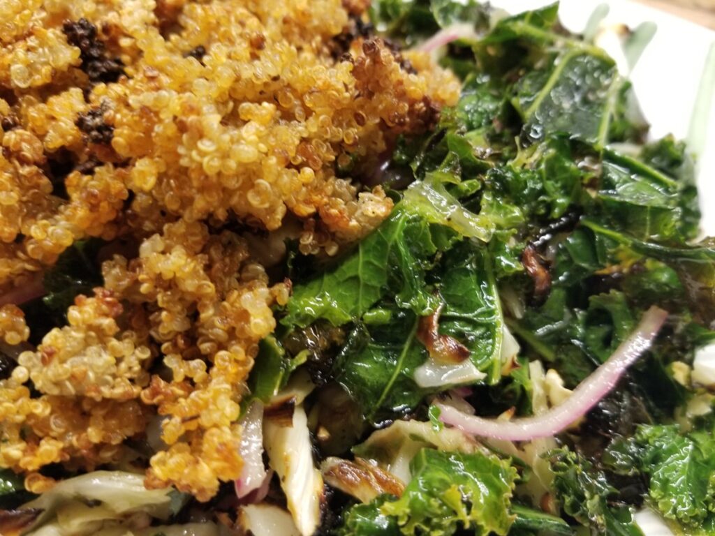 close-up of Roasted Kale with Crispy quinoa