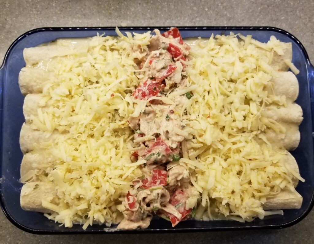 Turkey Enchiladas with Tomatillo Salsa, ready for the oven