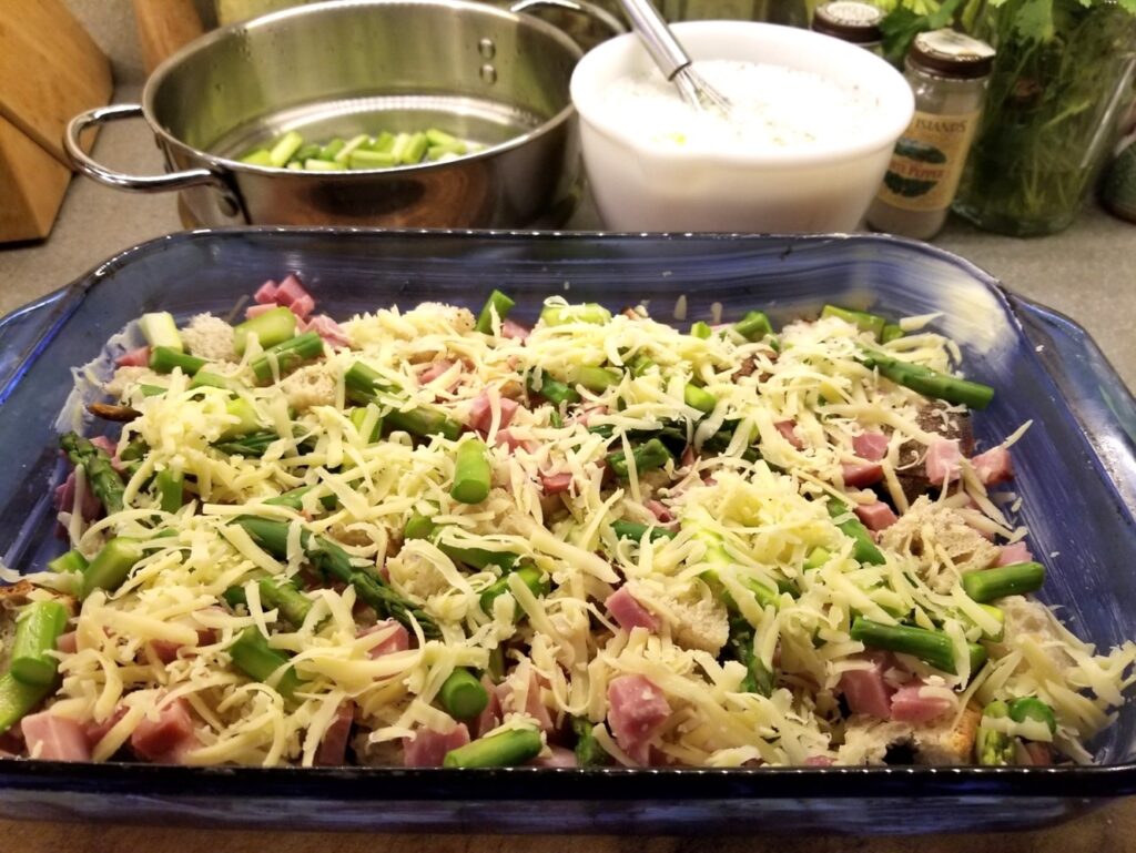 Assembly of Asparagus and Ham Strata