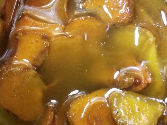 close-up of sliced Ginger Turmeric Condiment.