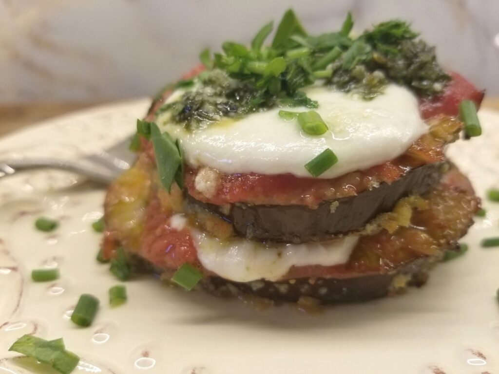 One of the Cheesy Eggplant Stacks before slicing