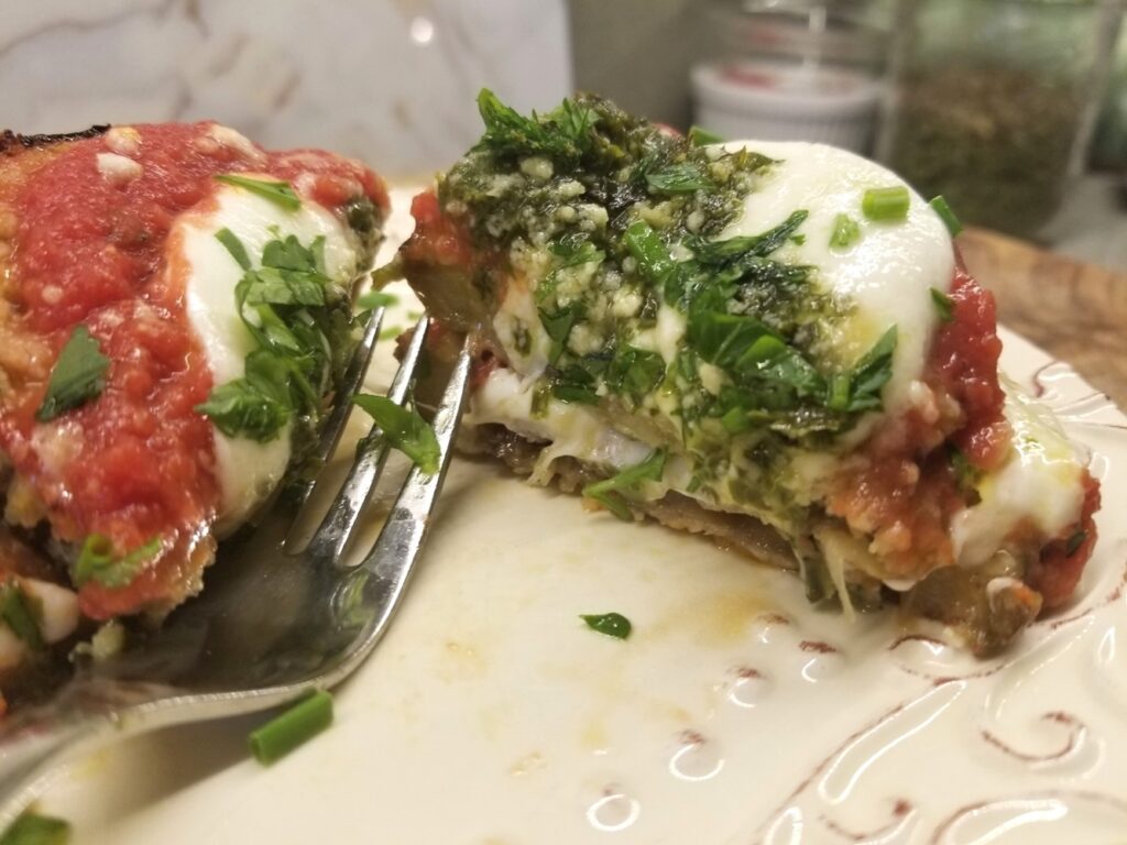 One of the Cheesy Eggplant Stacks, sliced