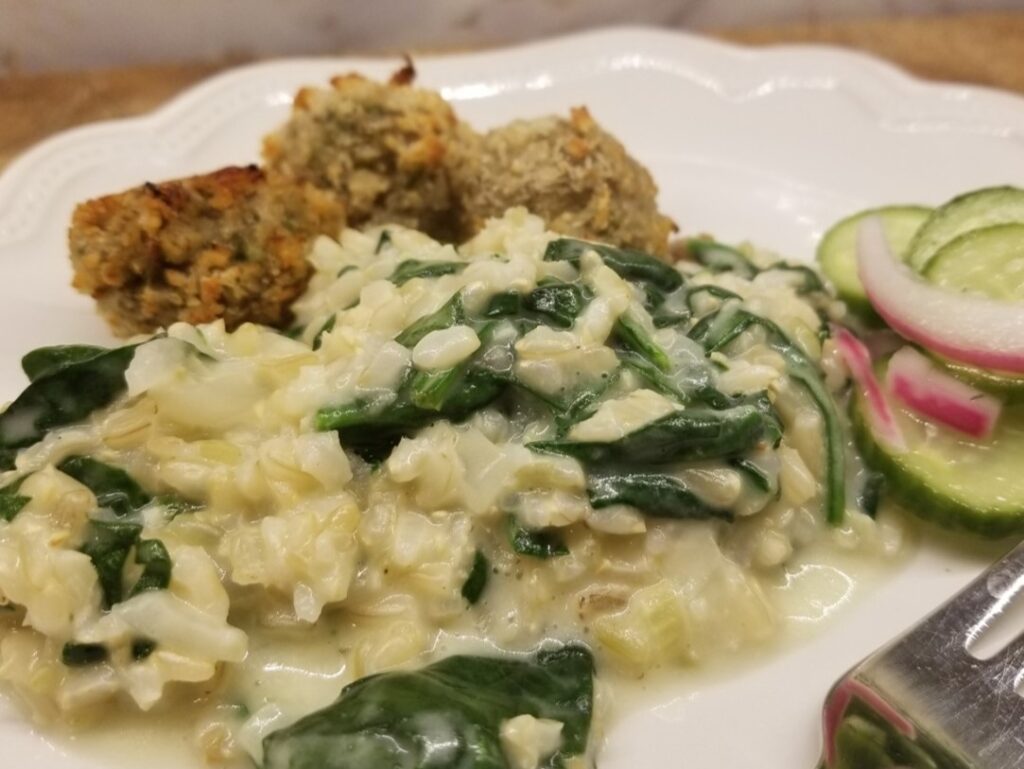 Creamy Spinach Risotto with turkey meatballs