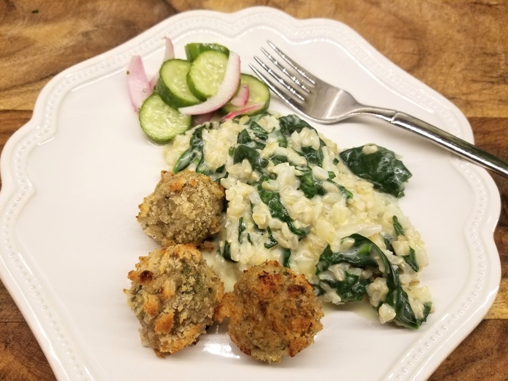 Ground Turkey Meatballs with spinach risotto and cucumber salad