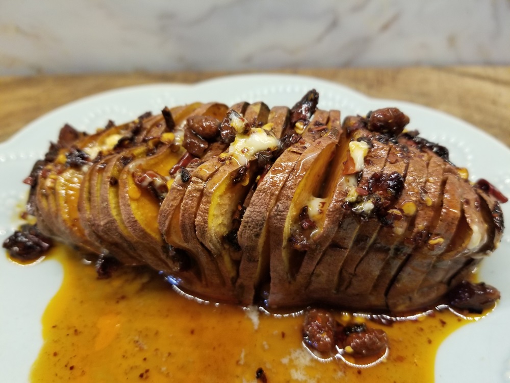 Hasselback Sweet Potatoes with Maple Chili Crisp