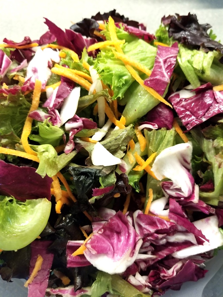 Salad greens, radicchio, and carrots with Sesame Vinaigrette