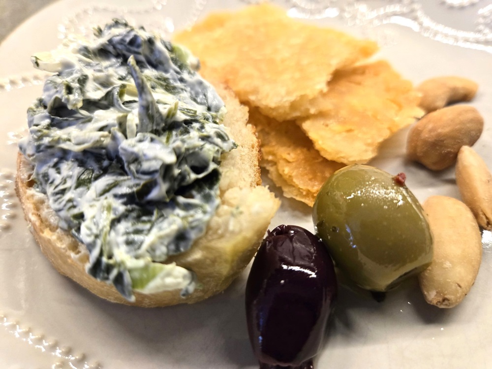 Spinach Dip with Water Chestnuts on a baguette slice