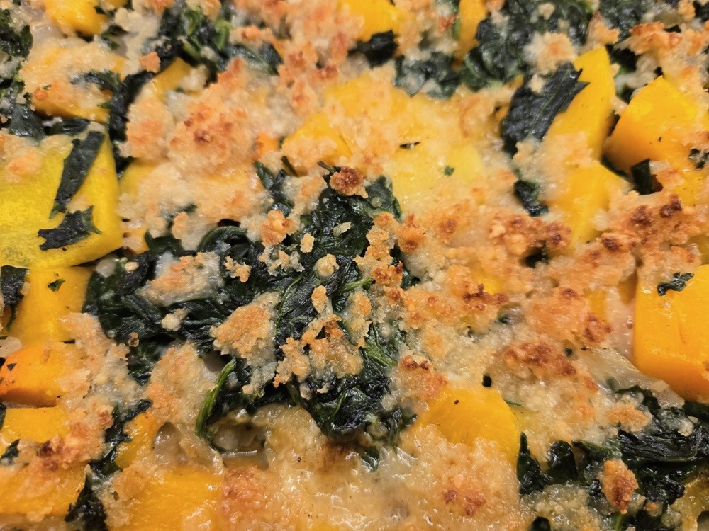 close-up of Butternut Squash and Creamed Spinach Gratin