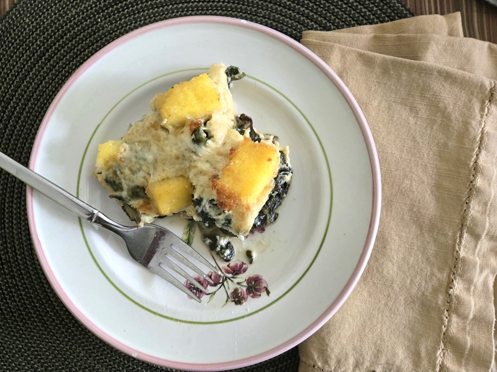 Mixed Greens Gratin with Polenta Croutons