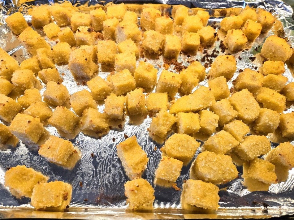 Polenta Croutons right out of the oven