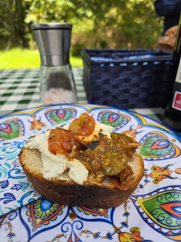 Savory Cherry Tomato Jam on sourdough with Fresh Ricotta