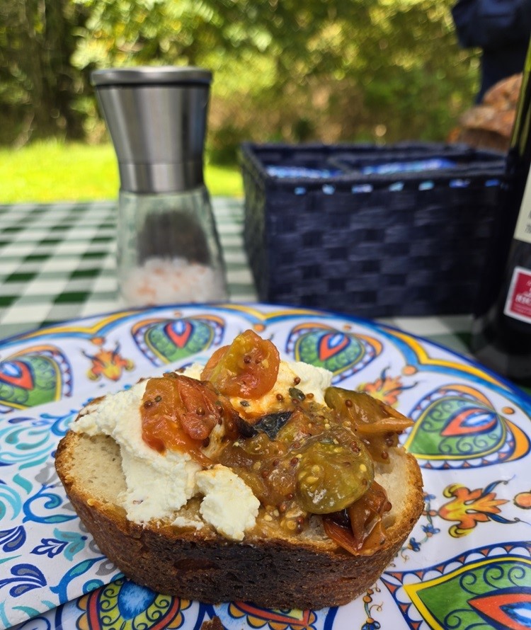 Savory Cherry Tomato Jam with sourdough and ricotta cheese