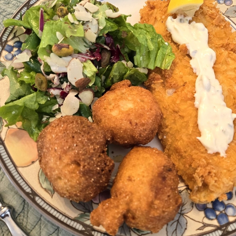 Lisa's Hush Puppies with fried flounder and a side salad