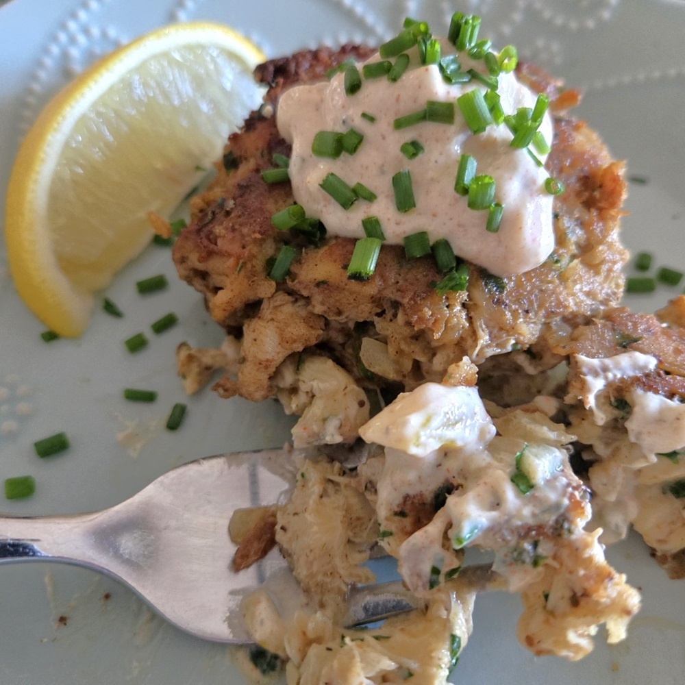 A bit of Lion's Mane "Crab" Cakes with a dollop of Yogurt Remoulade